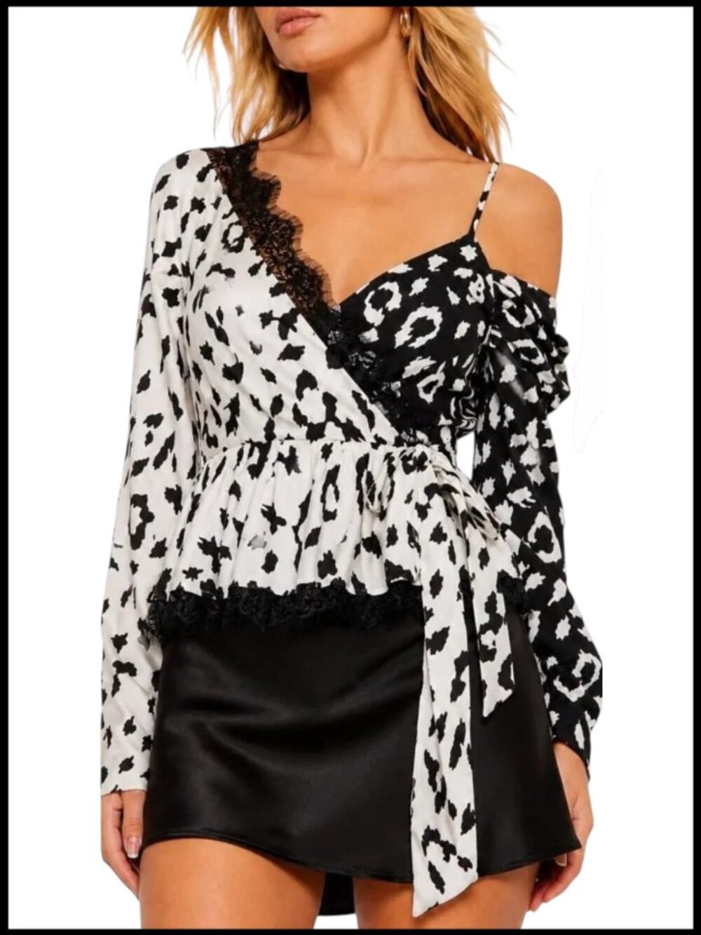 Self-Portrait Wrap Blouse Black White Leopard Print Lace UK 8 S US 4